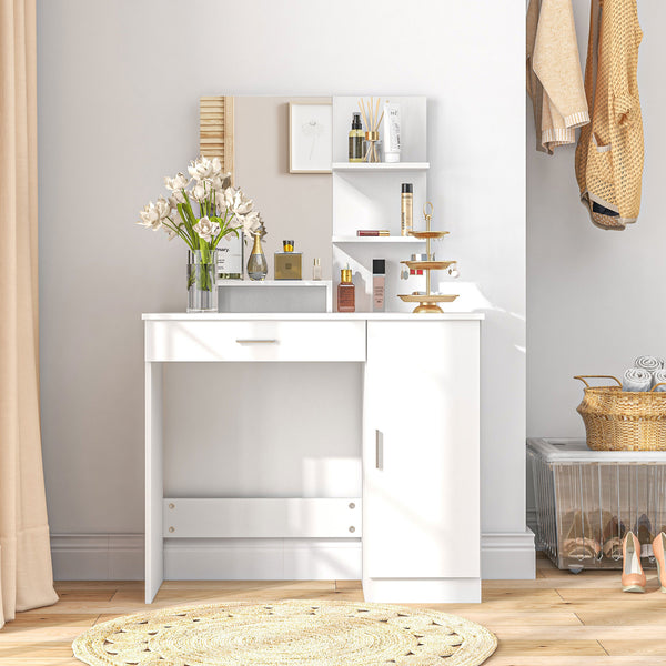 Dressing table with mirror, drawer and open compartment, white