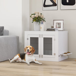 Dog crate furniture with removable bowls and two doors, white