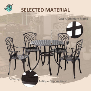 5-Piece Outdoor Dining Set, Cast Aluminum Patio Table and Chairs with Umbrella Hole, Brown