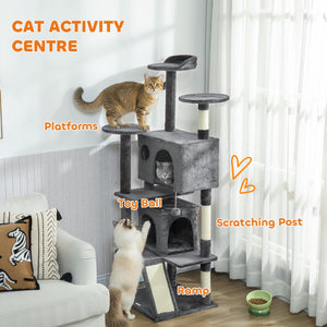 63" Cat Tree, Multi-Level Cat Tower with Scratching Posts, Cat Condos, Bed, Platforms, Ramp, Toy Ball, Dark Gray