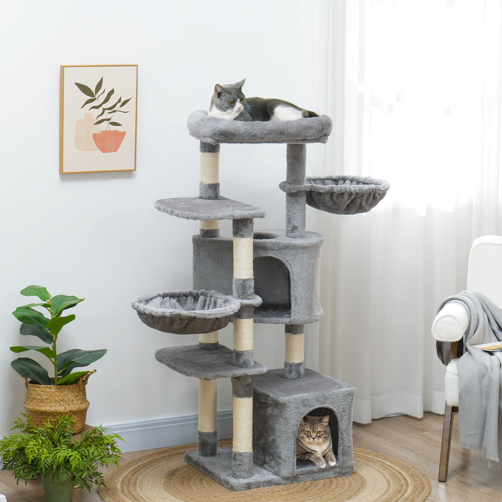 52.5" Cat Tree with Scratching Posts, Condos, Bed, Platforms &amp; Hammocks, Grey