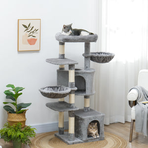 52.5" Cat Tree with Scratching Posts, Condos, Bed, Platforms &amp; Hammocks, Grey
