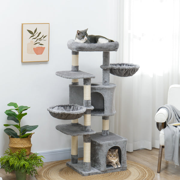 52.5" Cat Tree with Scratching Posts, Condos, Bed, Platforms &amp; Hammocks, Grey