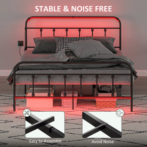 Queen Size Bed Frame with LED Lighting and Charging Station, Black