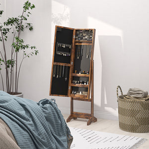 Freestanding jewelry cabinet with illuminated mirror, adjustable angle and 16 LEDs, rustic brown color