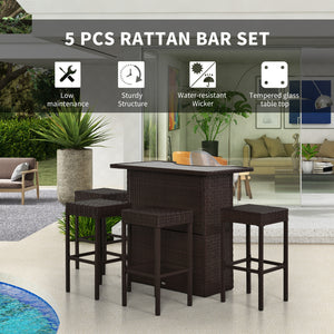 5-Piece Patio Bar Set, Synthetic Rattan Table and High Chairs, with Tempered Glass Top, Dark Brown