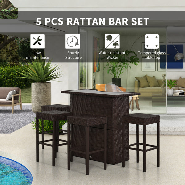 5-Piece Patio Bar Set, Synthetic Rattan Table and High Chairs, with Tempered Glass Top, Dark Brown