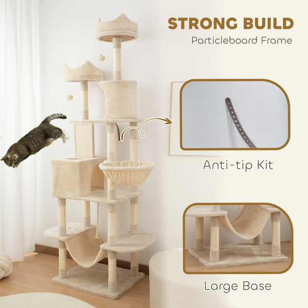 Large 206cm Cat Tree with Scratching Posts, Cabins, Beds, Hammocks, Beige