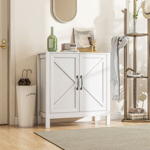 Kitchen buffet with barn-style sliding door and adjustable shelves, white wood look.