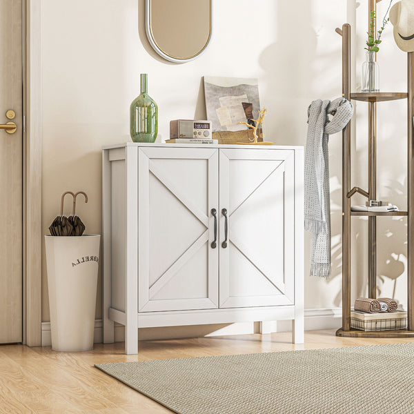 Kitchen buffet with barn-style sliding door and adjustable shelves, white wood look.
