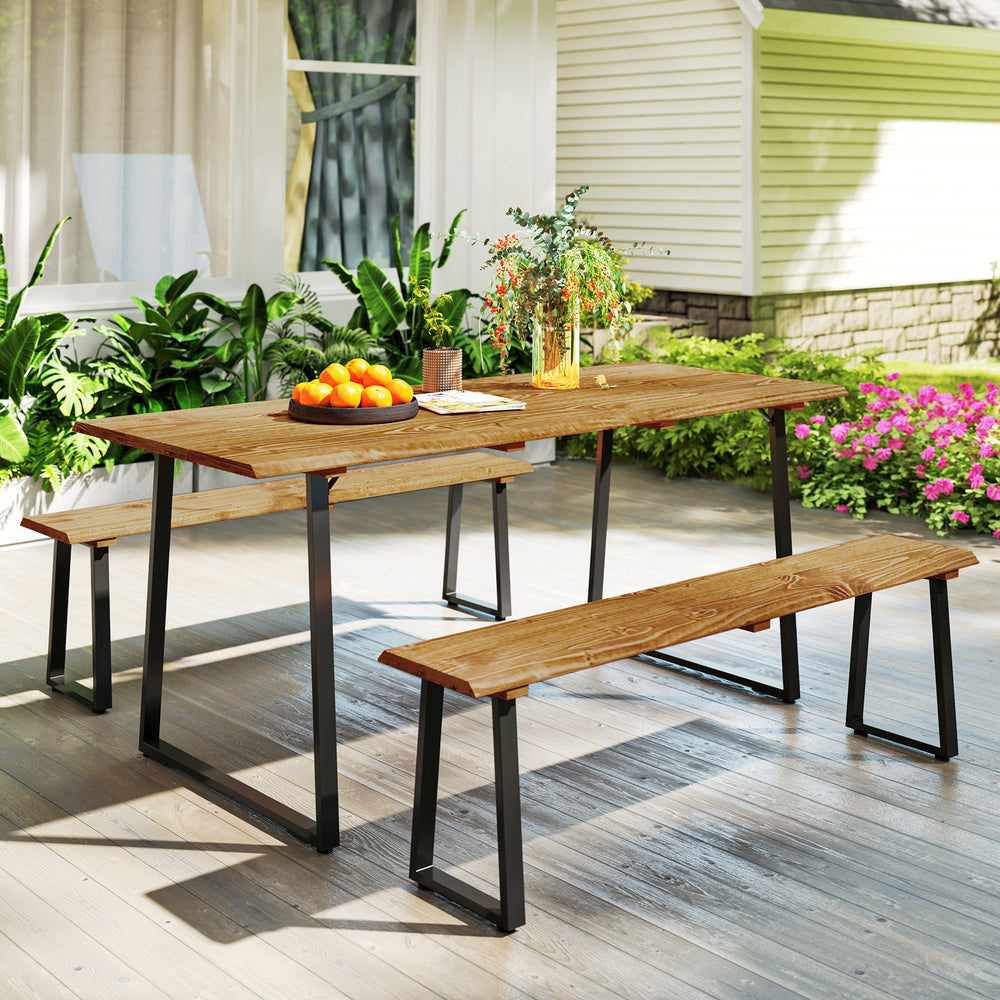 6-person picnic table and bench set with 5cm parasol hole, slatted top and steel frame 