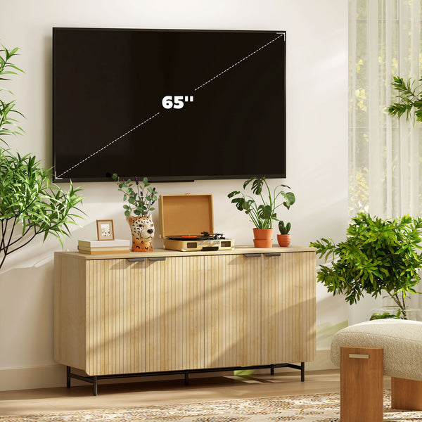 Fluted Sideboard with Adjustable Shelves, 5 Metal Legs for Kitchen and Living Room, Natural Wood