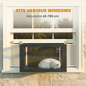 Adjustable outdoor cat enclosure with waterproof roof for window, 61 x 47 x 41 cm, black and white