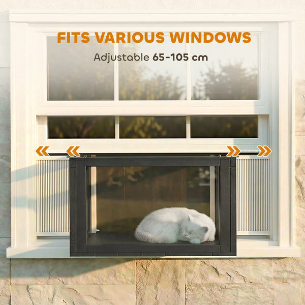 Adjustable outdoor cat enclosure with waterproof roof for window, 61 x 47 x 41 cm, black and white