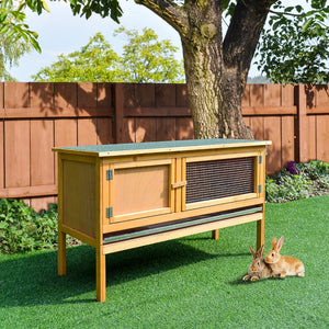 Wooden hutch with pull-out tray and opening roof
