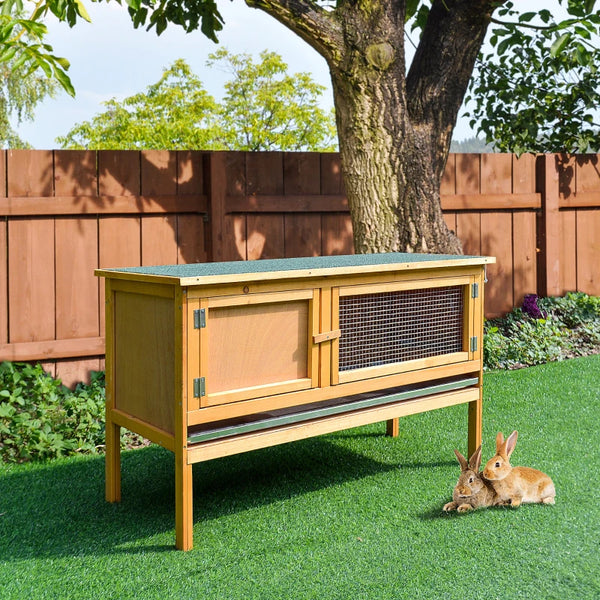 Wooden hutch with pull-out tray and opening roof