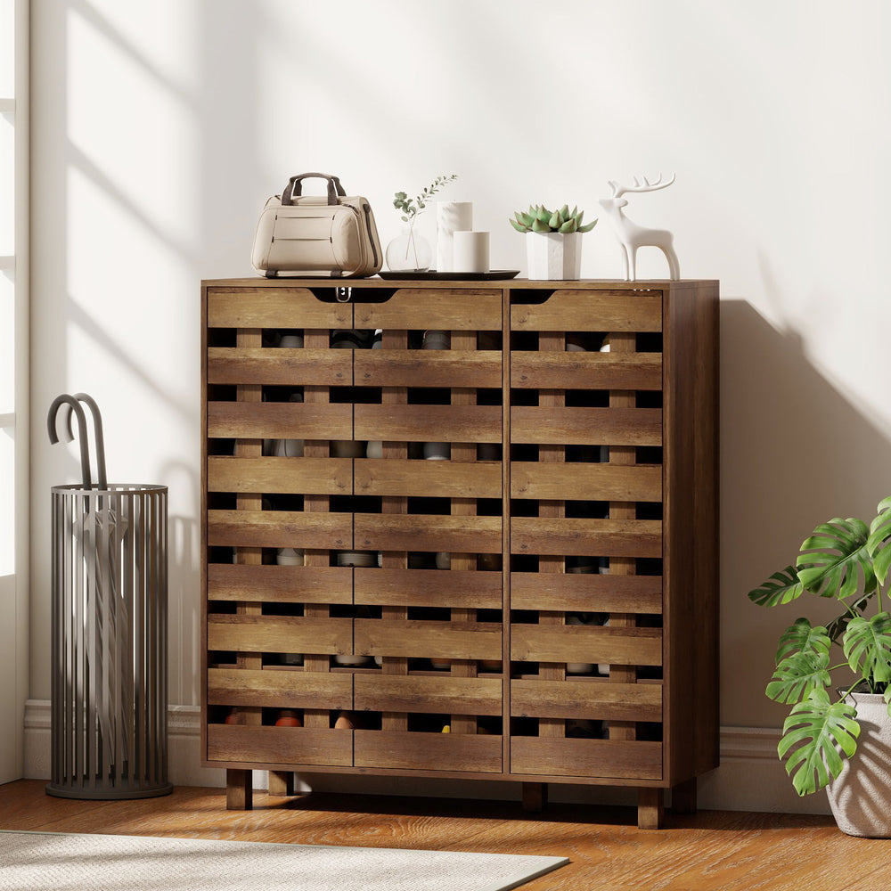 Shoe cabinet for 20 pairs of shoes with slatted doors, aged brown