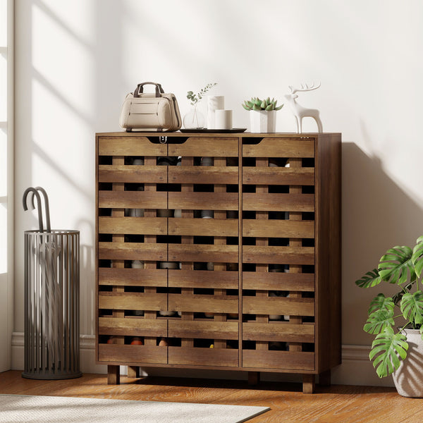 Shoe cabinet for 20 pairs of shoes with slatted doors, aged brown
