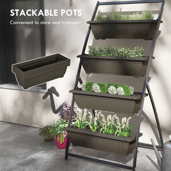 4-Tier Vertical Raised Garden Bed with 4 Outdoor Planters, Brown