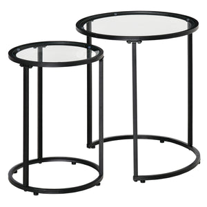 Set of 2 round side tables with tempered glass top, black
