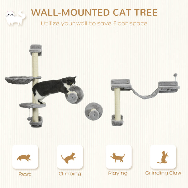 Wall-mounted cat shelves with hammock, scratching post, ladder and balls, grey