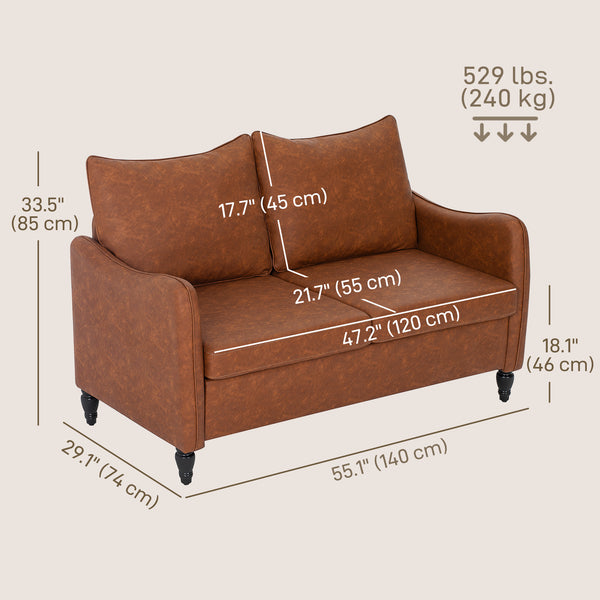 2 seater sofa with solid wood legs upholstered in faux leather, brown