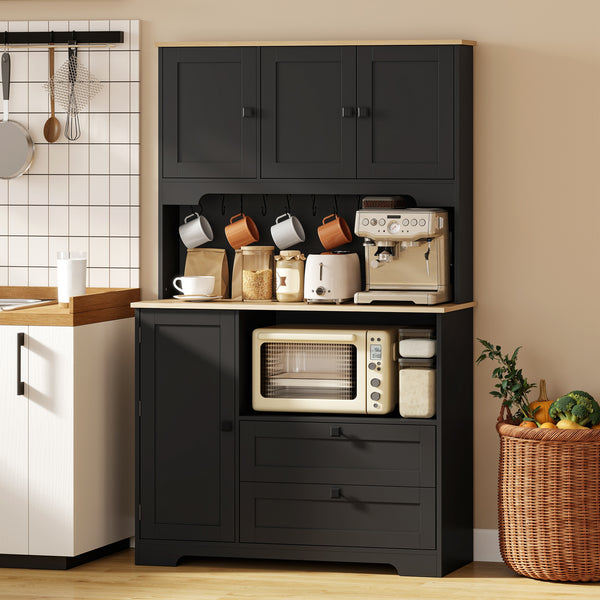 Kitchen unit with 3 cupboards, 2 drawers, adjustable shelves and microwave stand, black.