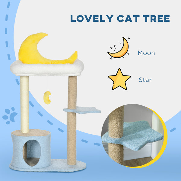 Cat tree with Teddy fleece bed, scratching post, hanging toy, star platform