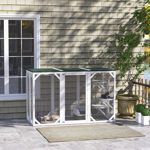 Cat enclosure with waterproof roof, multi-level platforms, lock, white
