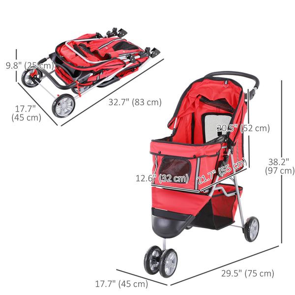 PawHut 3-Wheel Folding Stroller with Storage Basket, Red