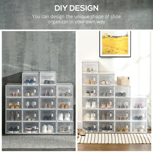 Set of 18 clear plastic shoe storage boxes with front opening
