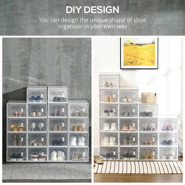 Set of 18 clear plastic shoe storage boxes with front opening