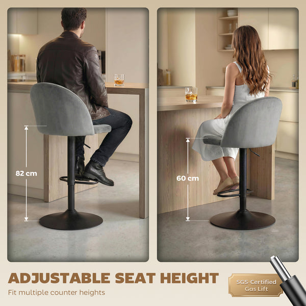 Set of 2 swivel bar stools with footrest, grey