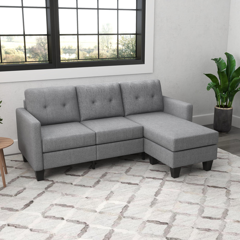 3-seater corner sofa with ottoman, thick cushion and wooden legs, light grey