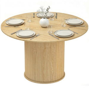 Round dining table for 5 people with a fluted central pedestal base, natural color.