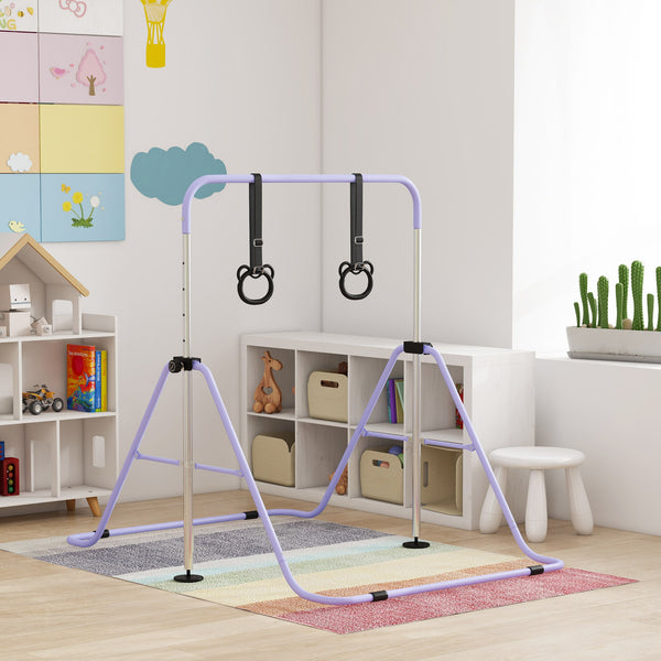 Foldable and height-adjustable gymnastics bar with gymnastic rings, purple