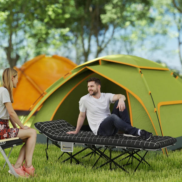 Camping cot with mattress, storage pocket, carrying bag, black