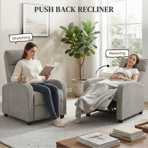 Corduroy recliner with upholstered seat, ideal for the living room, gray
