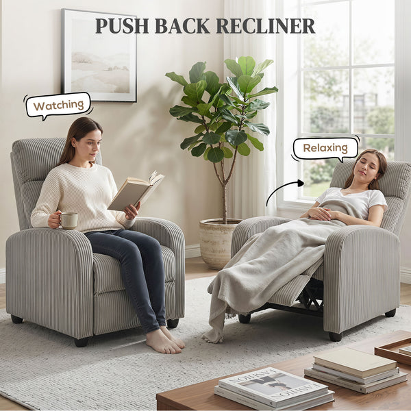 Corduroy recliner with upholstered seat, ideal for the living room, gray