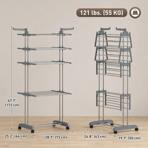 5-tier foldable clothes drying rack on wheels, grey
