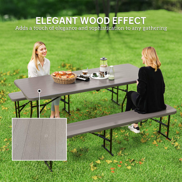 Foldable camping table and benches set with carry handles, brown