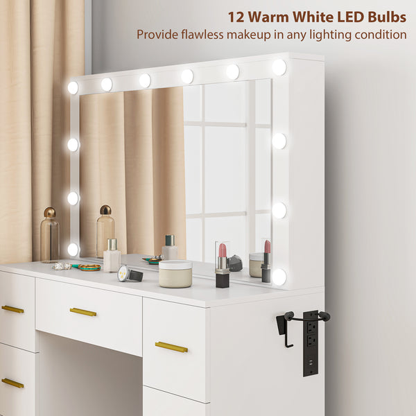 Dressing table with lighting, 7 drawers and 6 storage compartments, white