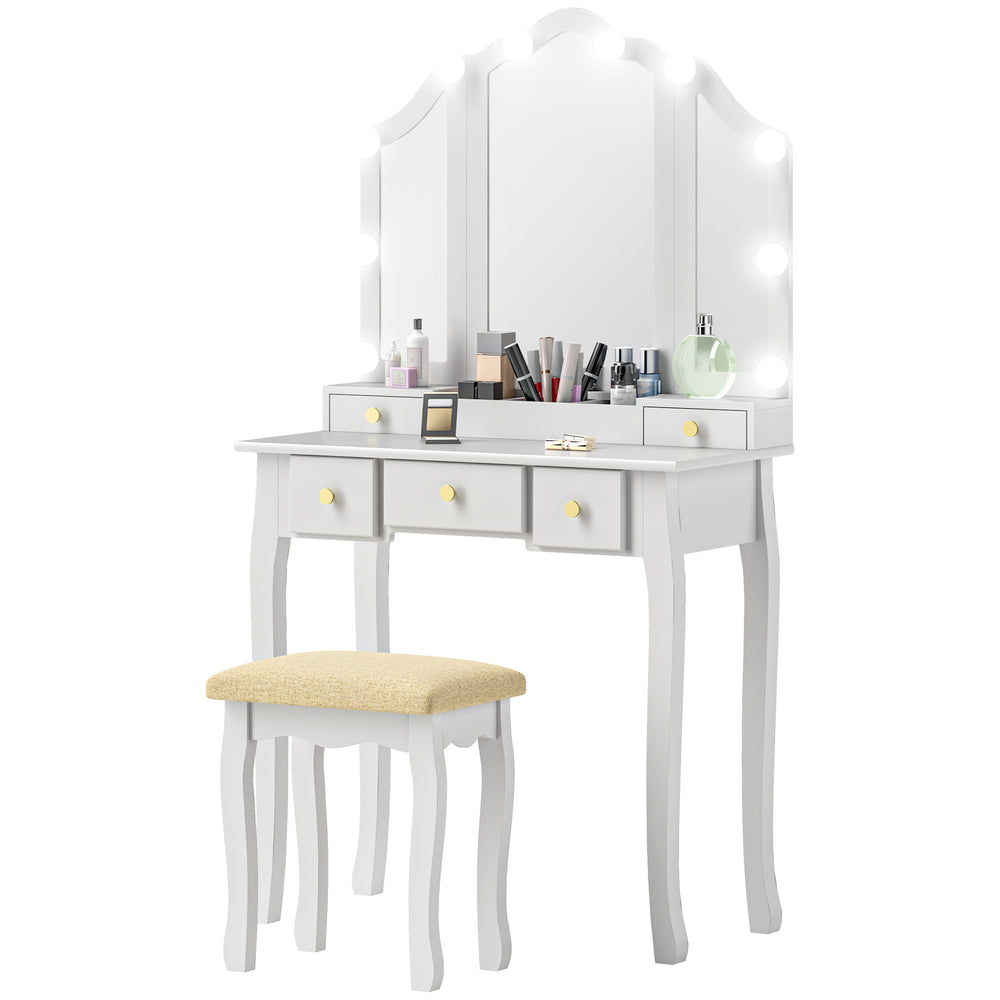Dressing table with stool, 10 LED lights, 5 drawers and 3 compartments, white