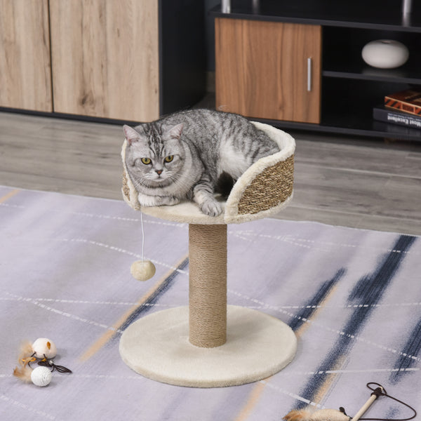 Cat tree with scratching post, play ball, perch and small tower, beige 
