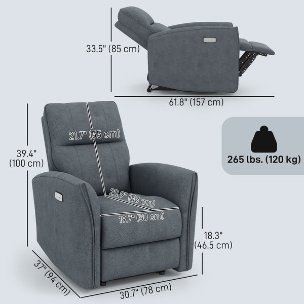 Electric reclining armchair, fabric upholstery, USB ports, footrest, anthracite grey