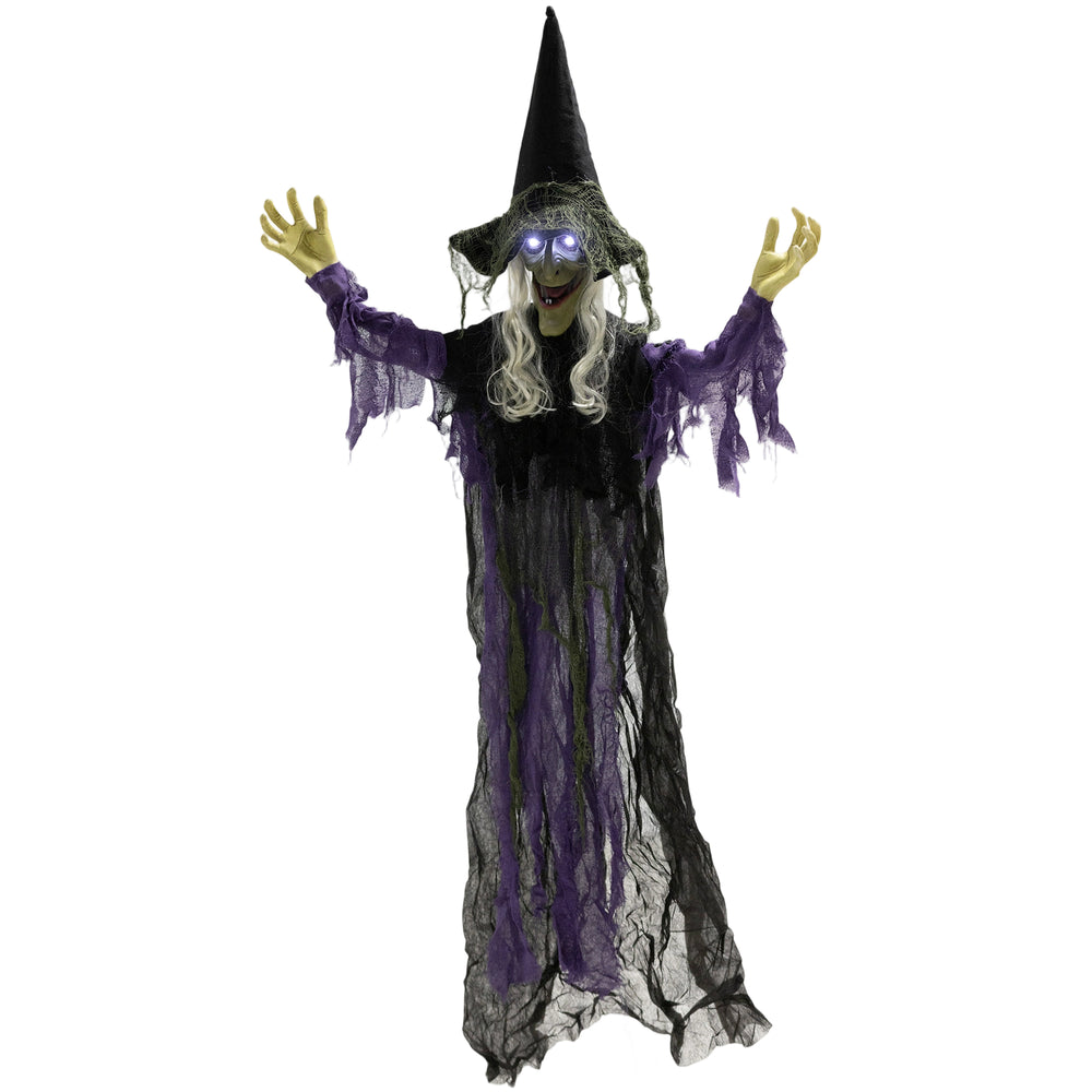 Life-size animated hanging witch for Halloween with light-up LED eyes,