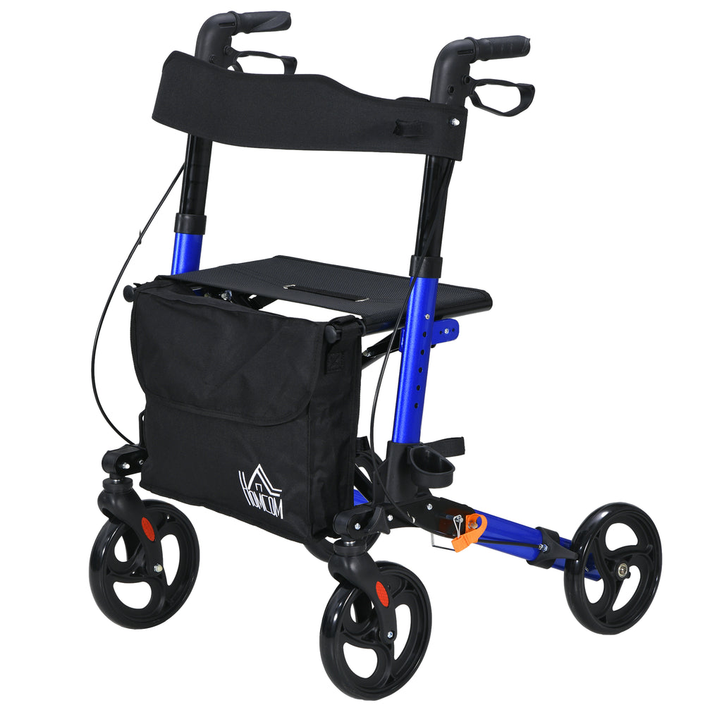 Senior walker with seat and backrest in blue