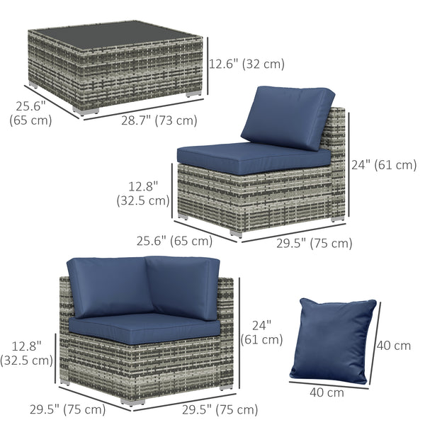 Modular 7-piece garden set in woven resin with coffee table, blue