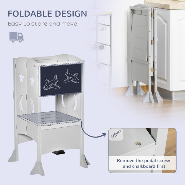 Foldable Toddler Kitchen Step Stool with Chalkboard and Locking Handrail, Grey