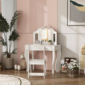 Dressing table with removable three-panel mirror and drawer, white